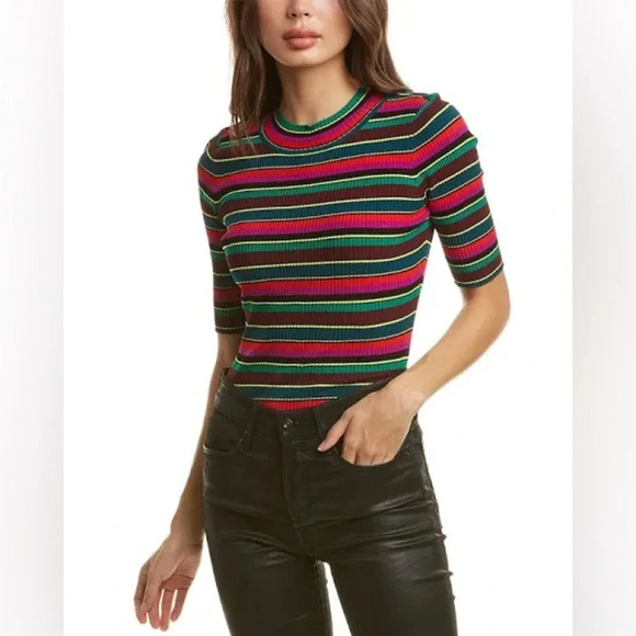 385 Milly Stripped Ribbed Short Sleeve Blouse Size Small Color Black Red - Picture 1 of 7